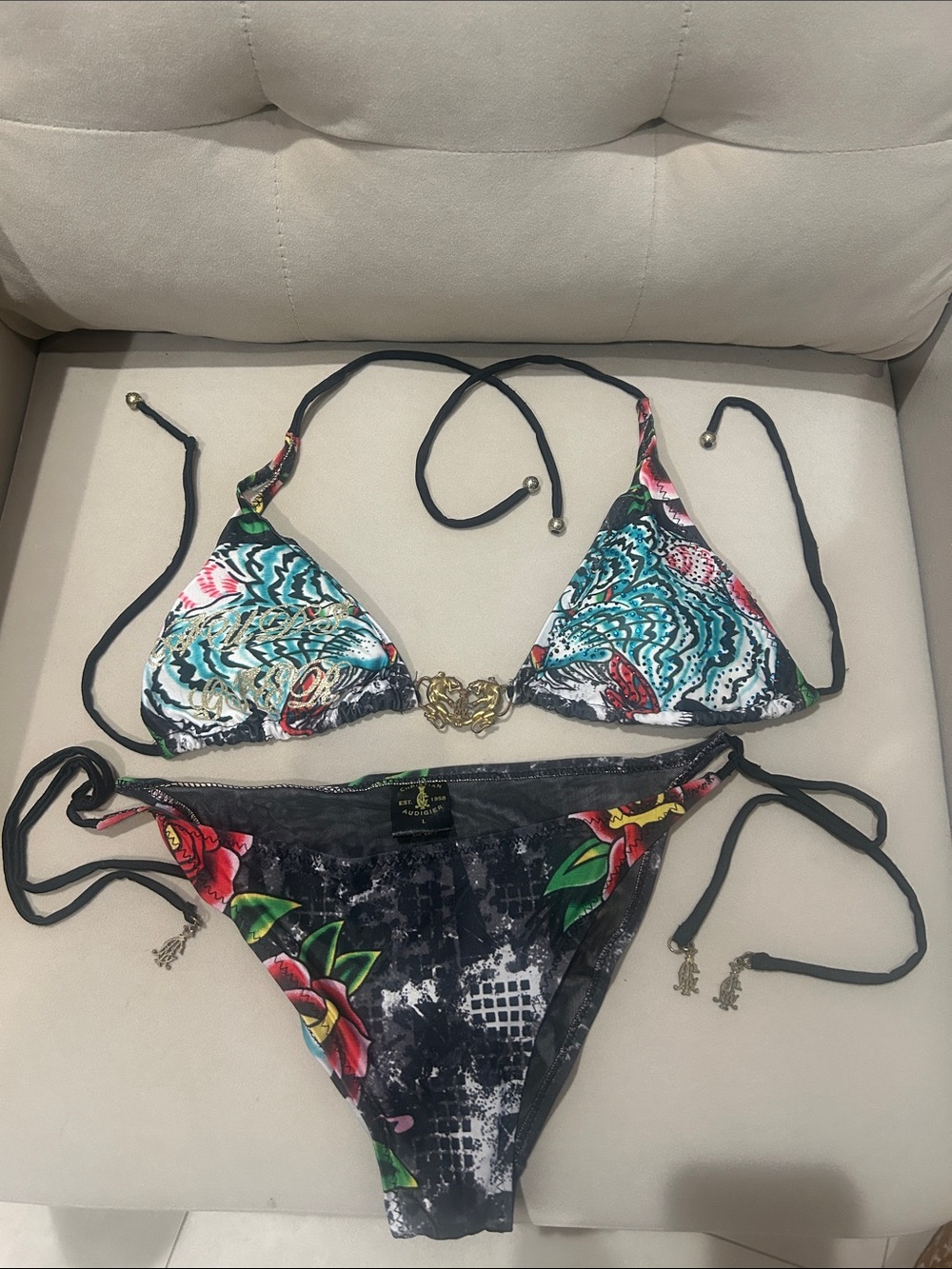 Christian Audigier Teal, Black & Red Floral String Bikini with Gold Accent